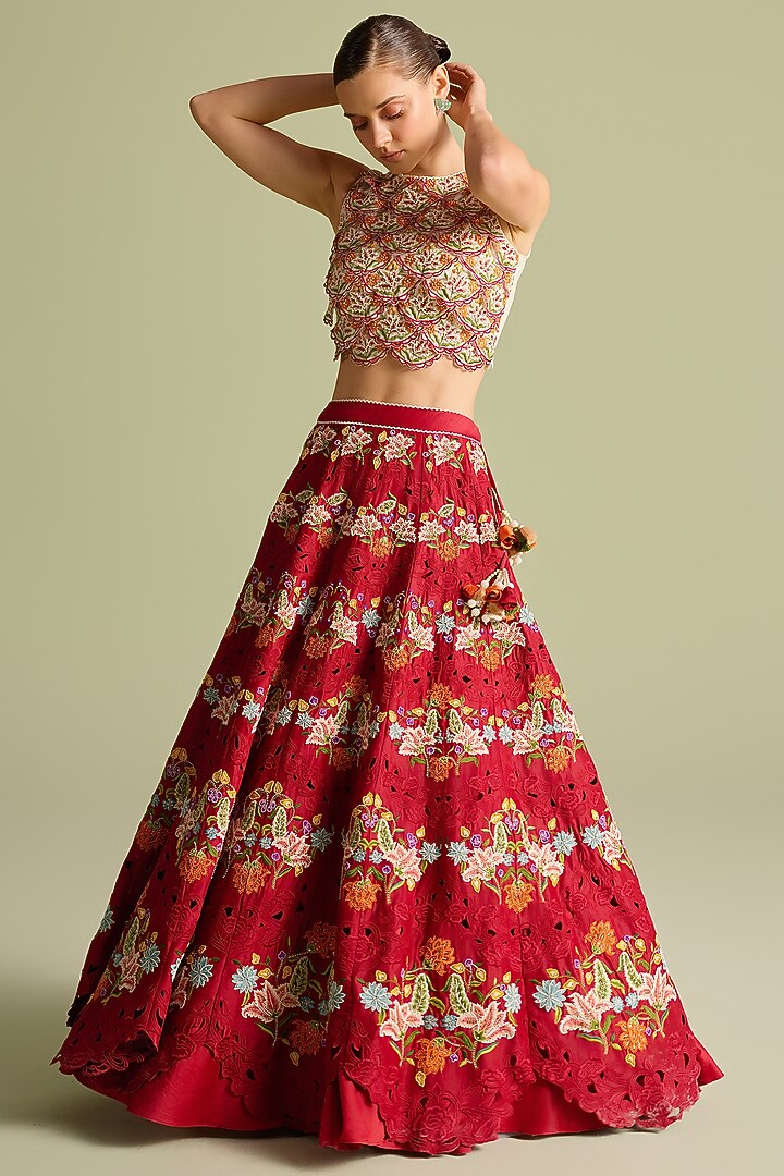 Red Chanderi Thread & Cutwork Bridal Lehenga by Chandrima at Pernia's Pop Up Shop
