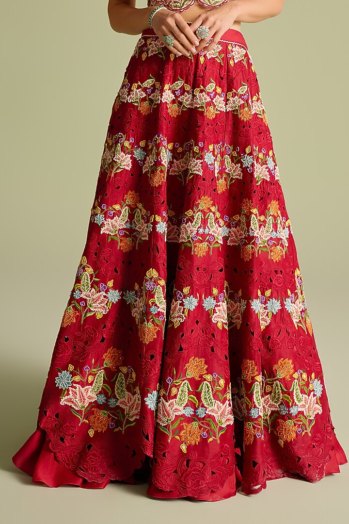 Red Chanderi Thread & Cutwork Bridal Lehenga by Chandrima at Pernia's Pop Up Shop