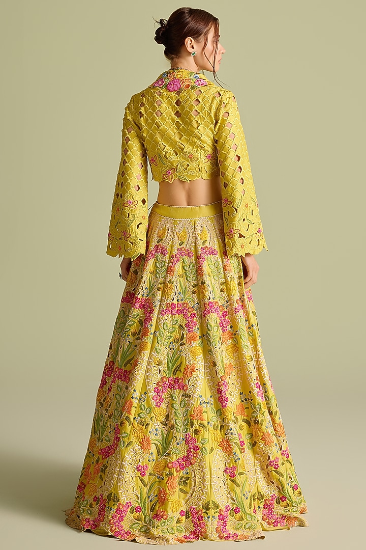Yellow Chanderi Cutwork Bolero Jacket by Chandrima at Pernia's Pop Up Shop