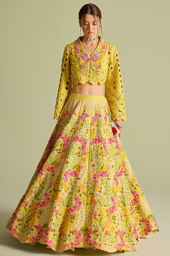 Yellow Chanderi Cutwork Bolero Jacket by Chandrima at Pernia's Pop Up Shop