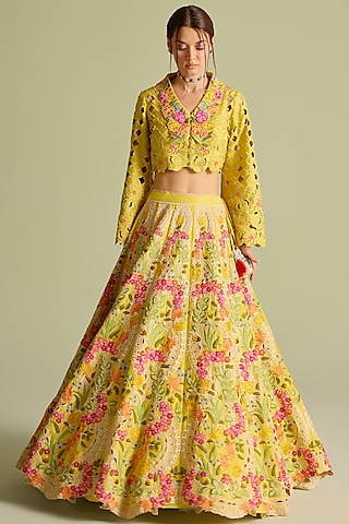 Yellow Chanderi Floral Thread & Cutwork Lehenga by Chandrima