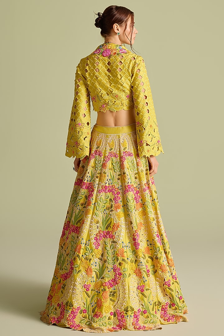 Yellow Chanderi Floral Thread & Cutwork Bridal Lehenga by Chandrima at Pernia's Pop Up Shop