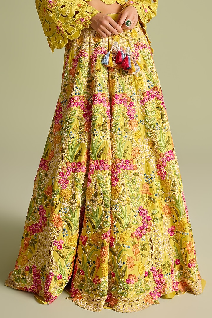 Yellow Chanderi Floral Thread & Cutwork Bridal Lehenga by Chandrima at Pernia's Pop Up Shop