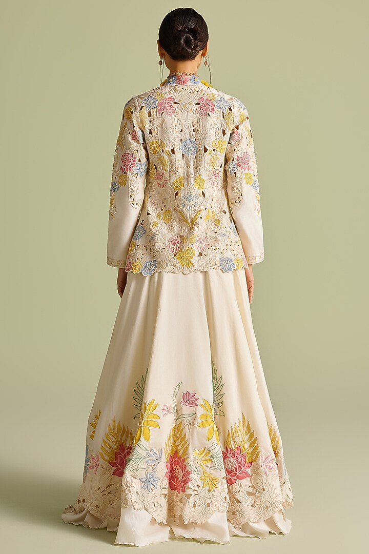 Ivory Chanderi Applique & Cutwork Layered Wedding Lehenga by Chandrima at Pernia's Pop Up Shop