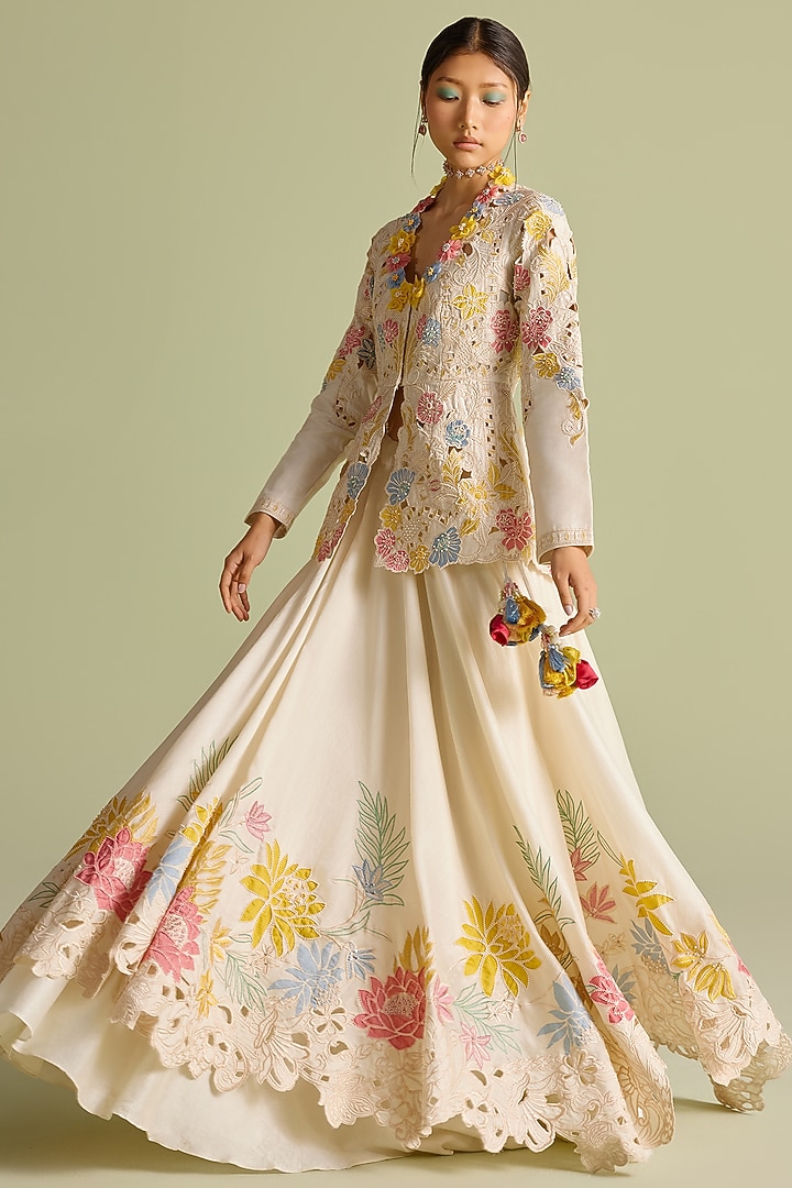 Ivory Chanderi Applique & Cutwork Layered Wedding Lehenga by Chandrima at Pernia's Pop Up Shop