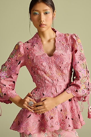 Pink Chanderi Cutwork Peplum Jacket by Chandrima