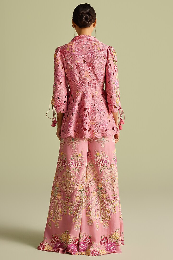 Pink Chanderi Cutwork Peplum Jacket by Chandrima at Pernia's Pop Up Shop