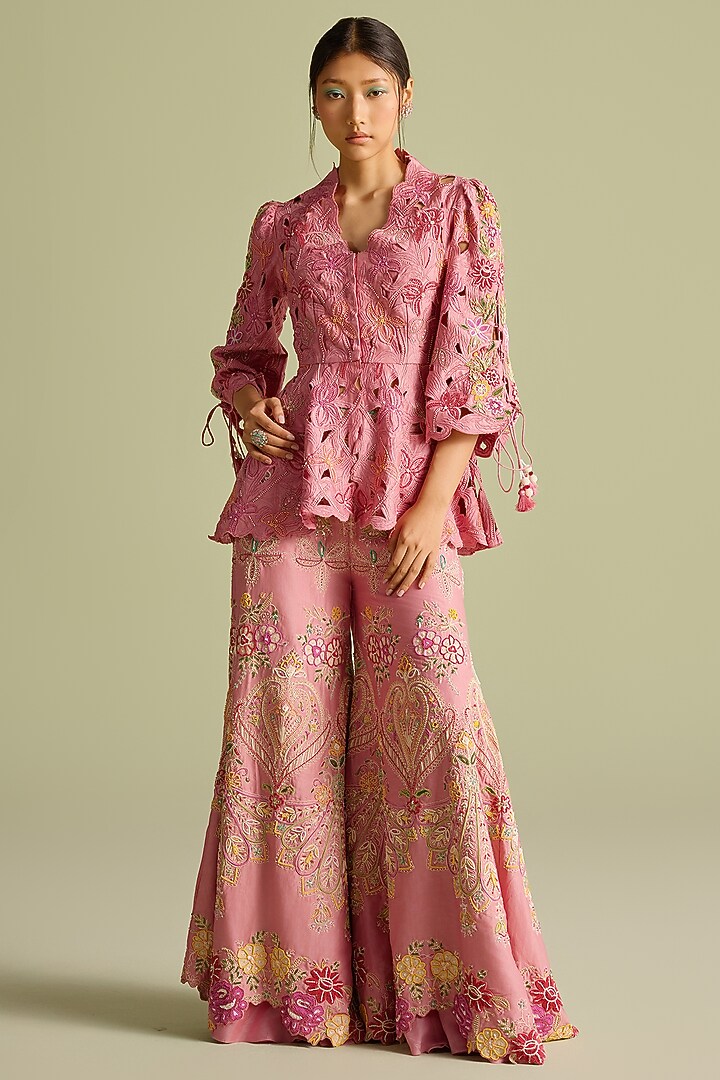 Pink Chanderi Cutwork Peplum Jacket by Chandrima at Pernia's Pop Up Shop
