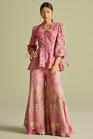 Pink Chanderi Cord & Bead Embroidered Sharara Pants by Chandrima