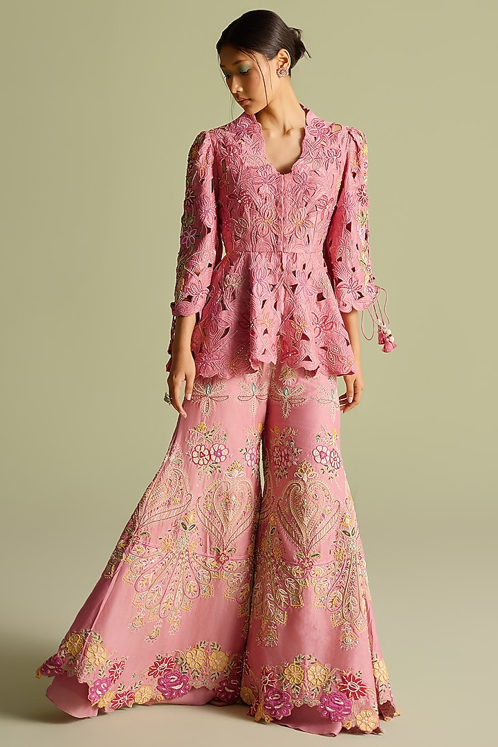 Pink Chanderi Cord & Bead Embroidered Sharara Pants by Chandrima at Pernia's Pop Up Shop