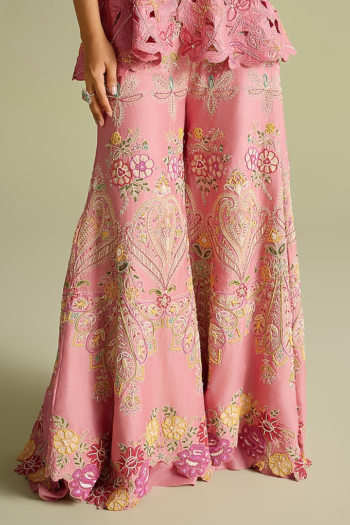 Pink Chanderi Cord & Bead Embroidered Sharara Pants by Chandrima at Pernia's Pop Up Shop