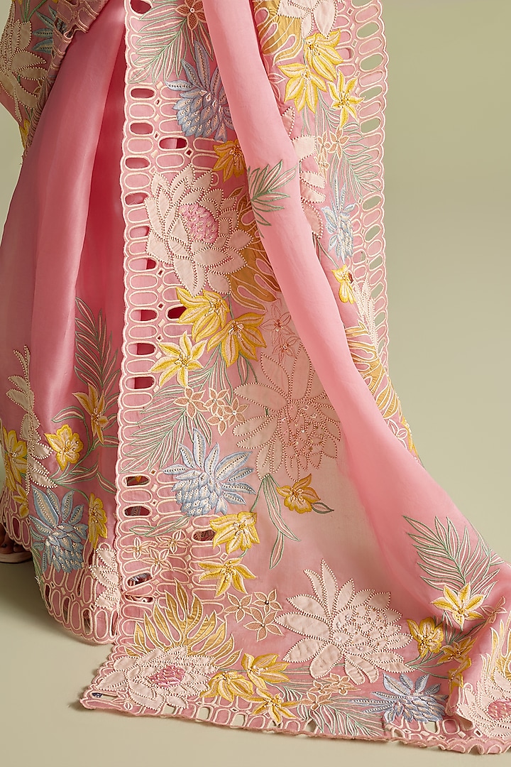 Pink Silk Organza Thread & Cutwork Wedding Saree by Chandrima at Pernia's Pop Up Shop