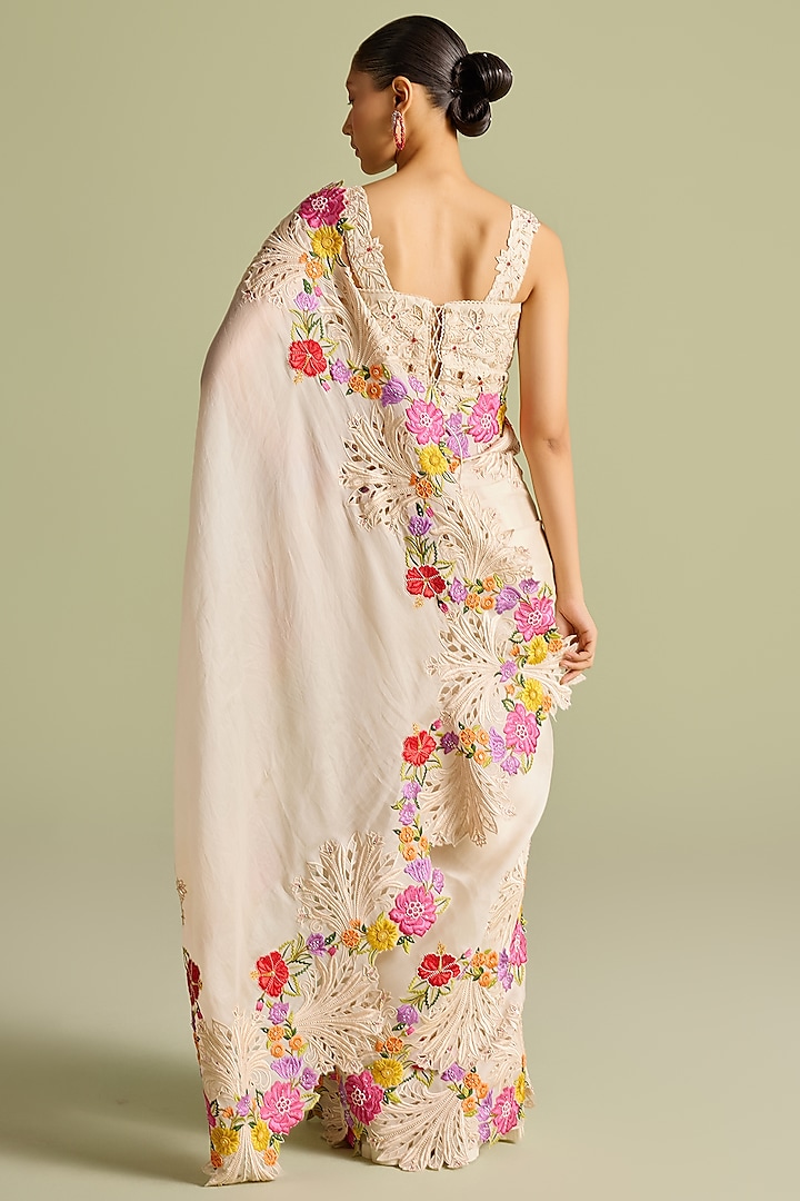 Ivory Silk Organza Floral Thread & Cutwork Wedding Saree by Chandrima at Pernia's Pop Up Shop