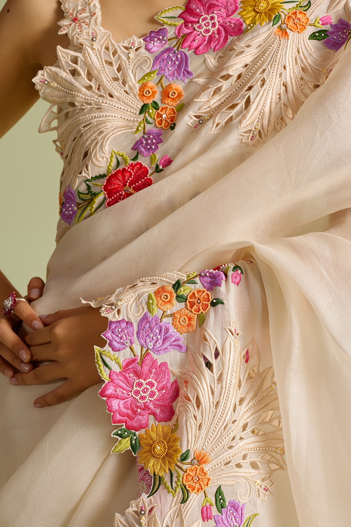 Ivory Crushed Organza Silk Saree with Lilac Threadwork Border