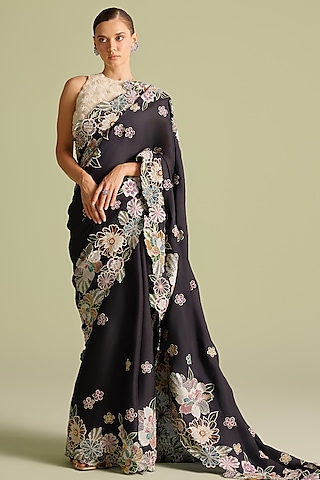Black Silk Organza Applique & Thread Saree by Chandrima
