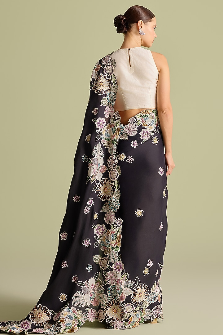 Black Silk Organza Applique & Thread Wedding Saree by Chandrima at Pernia's Pop Up Shop