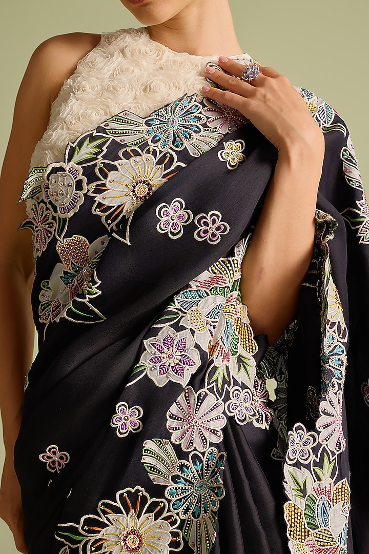 Black Silk Organza Applique & Thread Wedding Saree by Chandrima at Pernia's Pop Up Shop