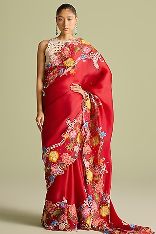 Red Silk Organza Floral Thread & Cutwork Saree by Chandrima