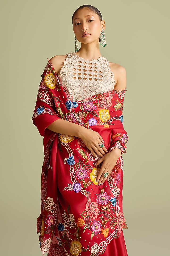 Red Silk Organza Floral Thread & Cutwork Wedding Saree by Chandrima at Pernia's Pop Up Shop