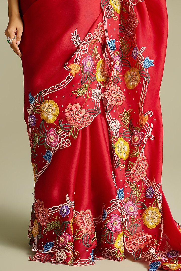 Red Silk Organza Floral Thread & Cutwork Wedding Saree by Chandrima at Pernia's Pop Up Shop