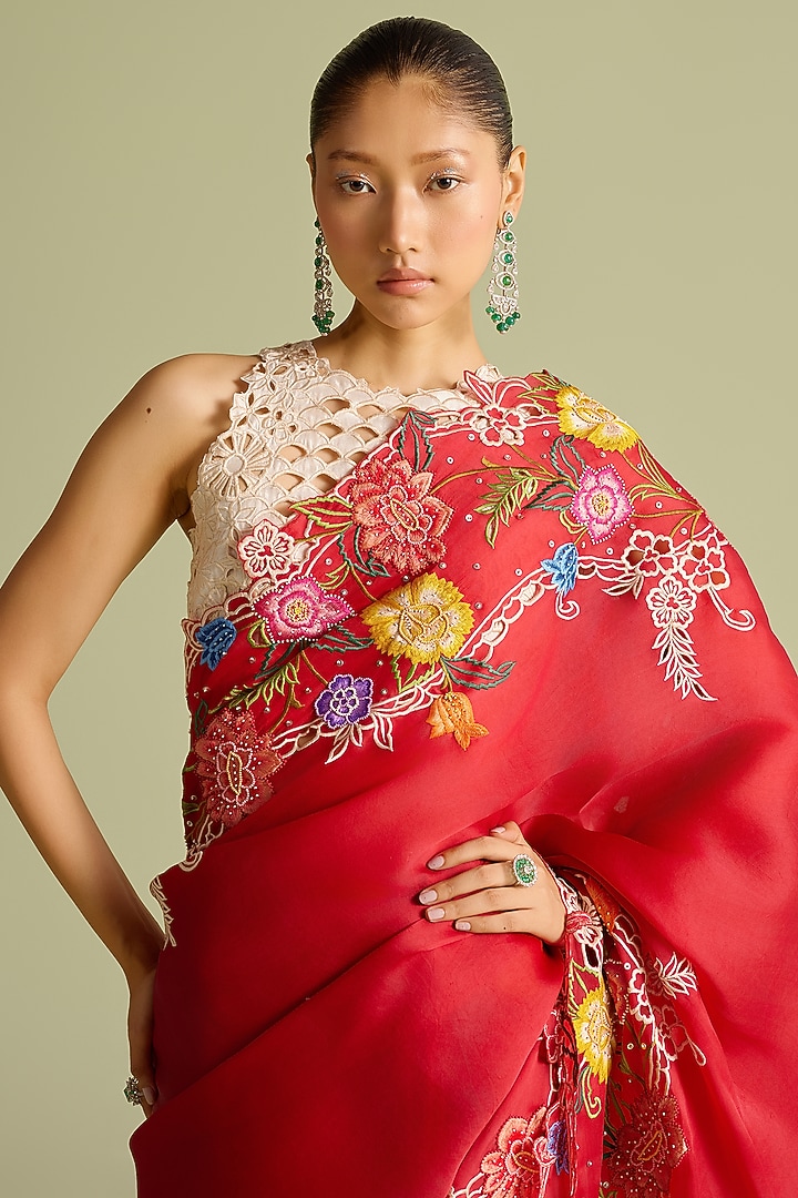 Red Silk Organza Floral Thread & Cutwork Wedding Saree by Chandrima at Pernia's Pop Up Shop