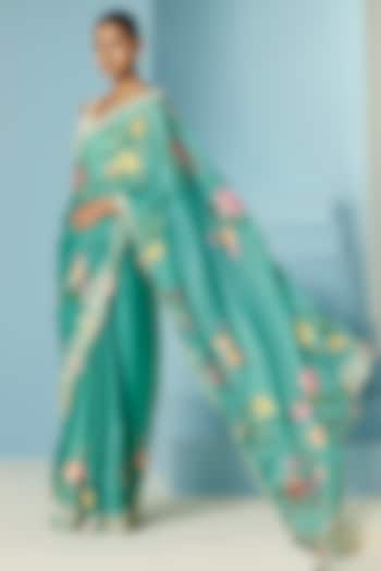 Aqua Silk Organza Cutwork Reception Saree by Chandrima at Pernia's Pop Up Shop