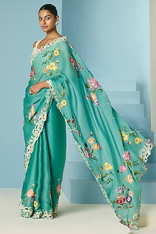 Aqua Silk Organza Cutwork Saree by Chandrima