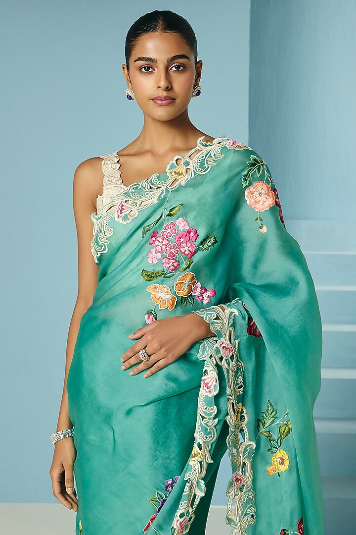 Aqua Silk Organza Cutwork Reception Saree by Chandrima at Pernia's Pop Up Shop