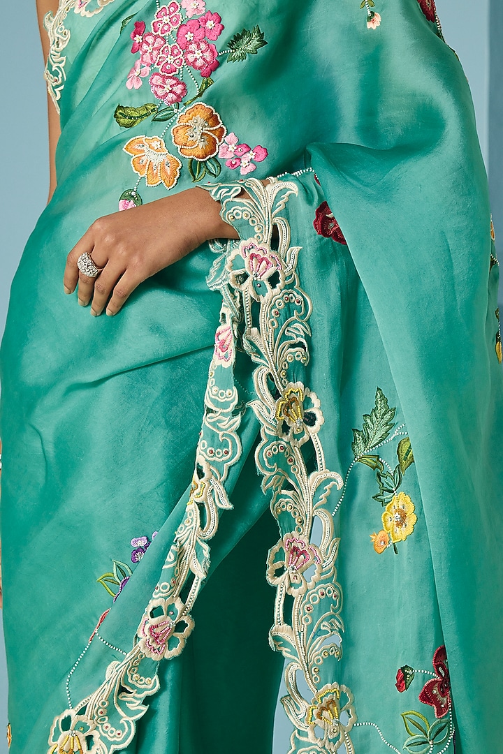 Aqua Silk Organza Cutwork Reception Saree by Chandrima at Pernia's Pop Up Shop