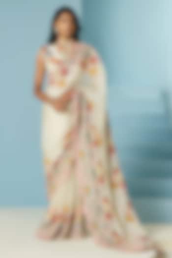Ivory Silk Organza Bead & Threadwork Reception Saree by Chandrima at Pernia's Pop Up Shop