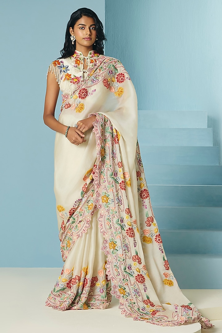 Ivory Silk Organza Bead & Threadwork Reception Saree by Chandrima at Pernia's Pop Up Shop