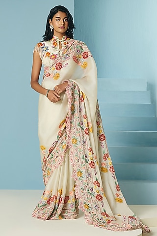 Ivory Silk Organza Bead & Threadwork Saree by Chandrima