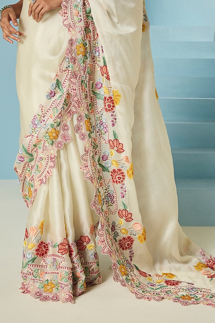 Ivory Silk Organza Bead & Threadwork Reception Saree by Chandrima at Pernia's Pop Up Shop