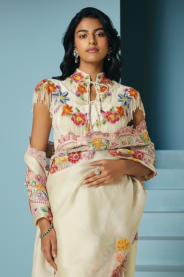 Ivory Chanderi Floral Beadwork Cape by Chandrima at Pernia's Pop Up Shop