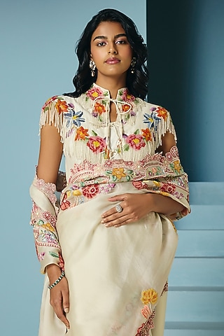Ivory Chanderi Floral Beadwork Cape by Chandrima