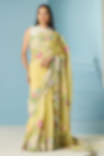 Butter Yellow Silk Organza Applique & Cutwork Wedding Saree  by Chandrima at Pernia's Pop Up Shop