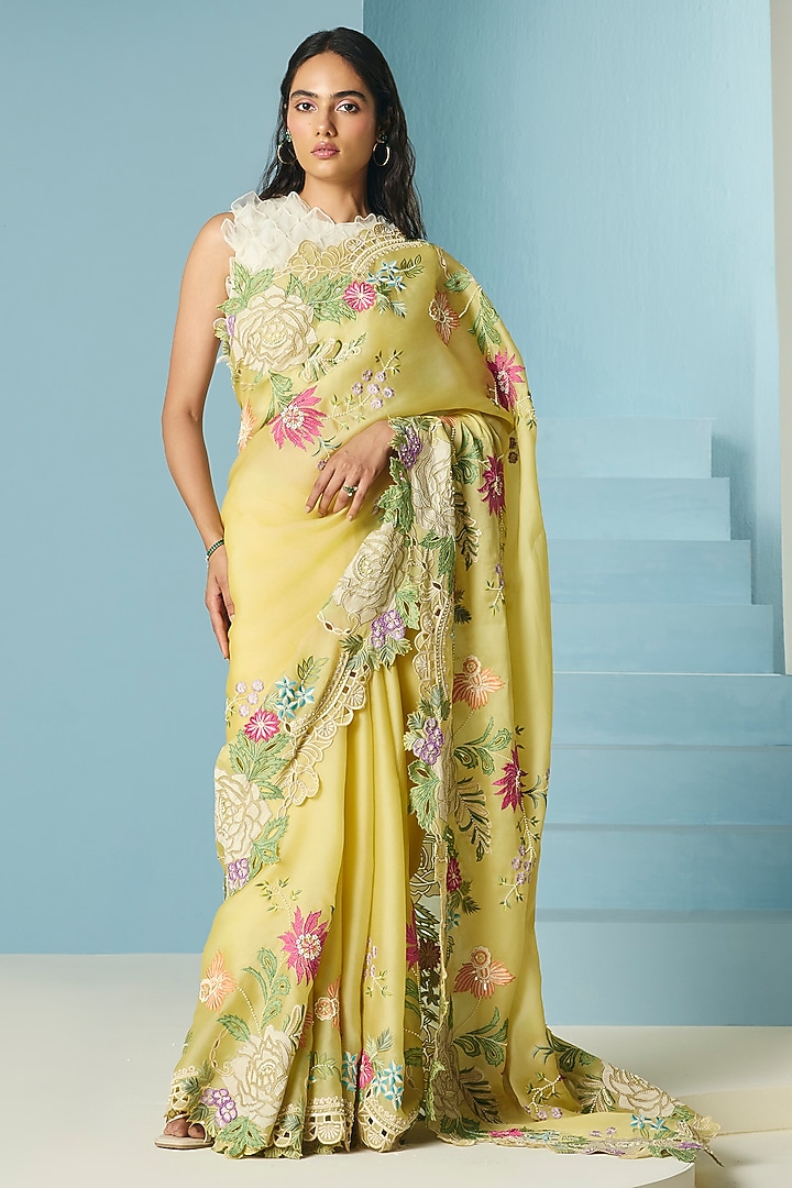 Butter Yellow Silk Organza Applique & Cutwork Wedding Saree  by Chandrima at Pernia's Pop Up Shop