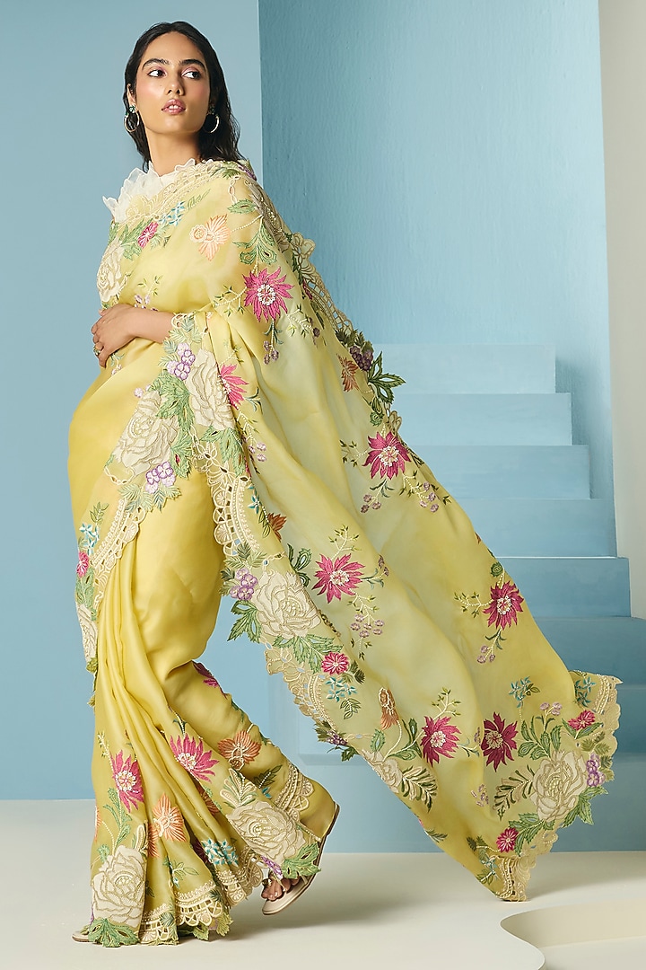 Butter Yellow Silk Organza Applique & Cutwork Wedding Saree by Chandrima at Pernia's Pop Up Shop