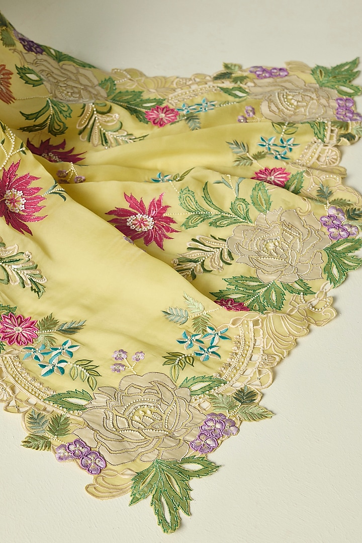 Butter Yellow Silk Organza Applique & Cutwork Wedding Saree by Chandrima at Pernia's Pop Up Shop