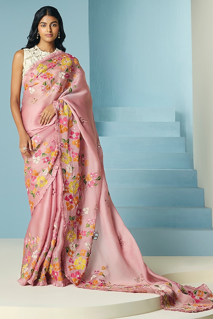 Blush Pink Silk Organza Applique & Beadwork Reception Saree  by Chandrima at Pernia's Pop Up Shop