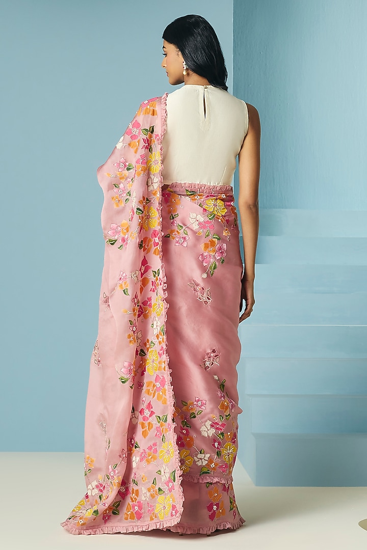 Blush Pink Silk Organza Applique & Beadwork Reception Saree by Chandrima at Pernia's Pop Up Shop