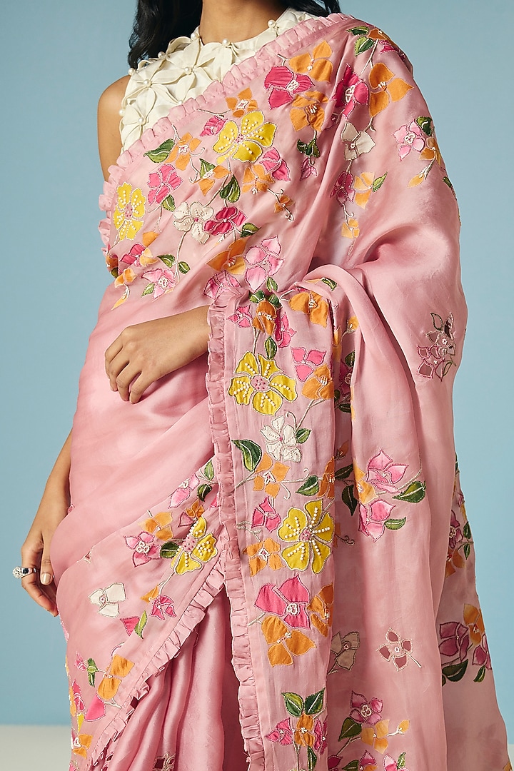 Blush Pink Silk Organza Applique & Beadwork Reception Saree by Chandrima at Pernia's Pop Up Shop