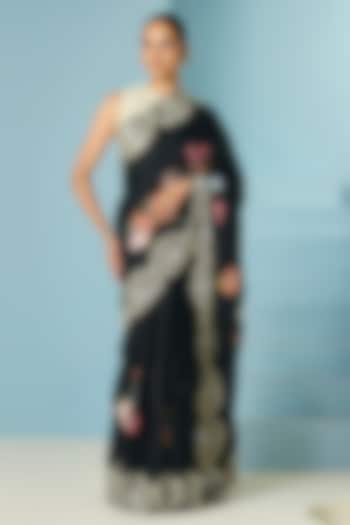 Black Silk Organza Floral Foliage Threadwork Wedding Saree by Chandrima at Pernia's Pop Up Shop