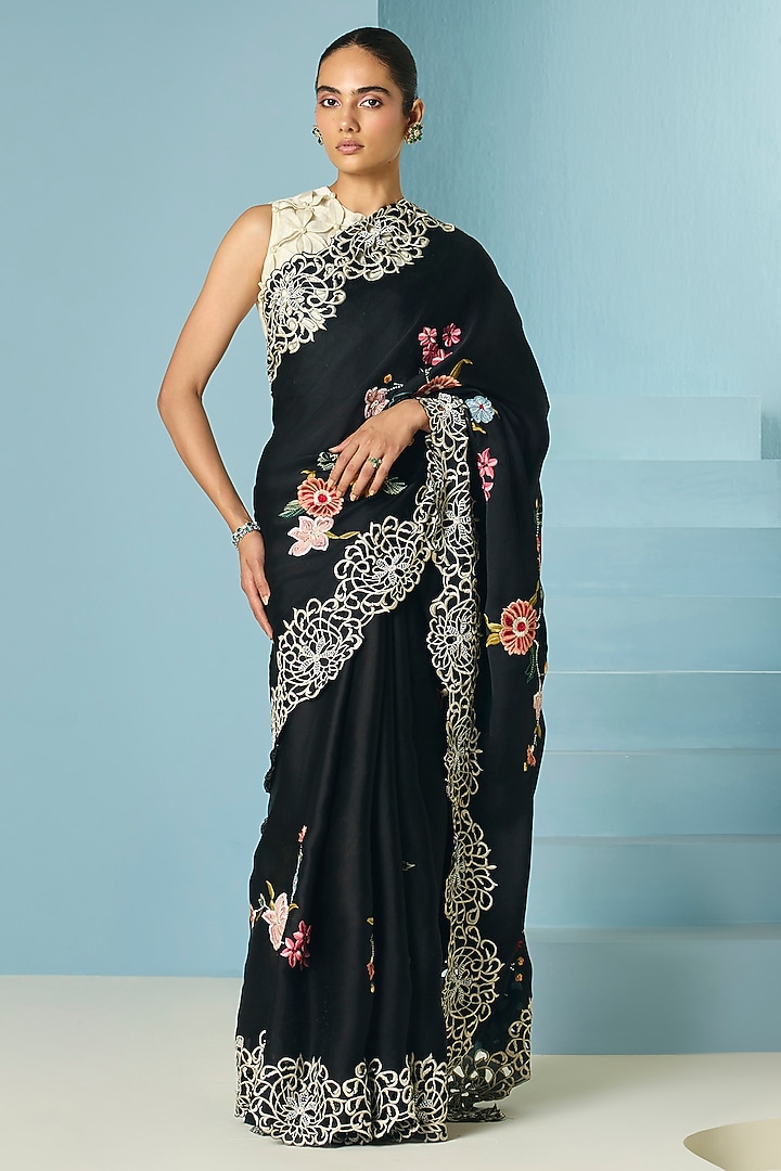 Black Silk Organza Floral Foliage Threadwork Wedding Saree by Chandrima at Pernia's Pop Up Shop