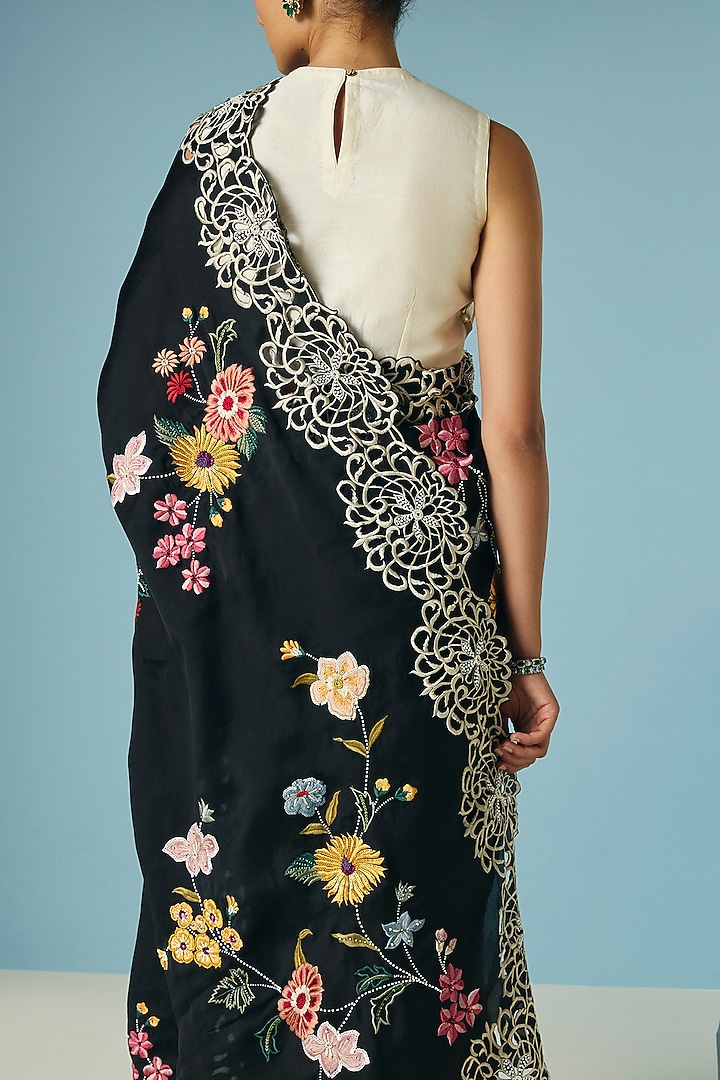 Black Silk Organza Floral Foliage Threadwork Wedding Saree by Chandrima at Pernia's Pop Up Shop