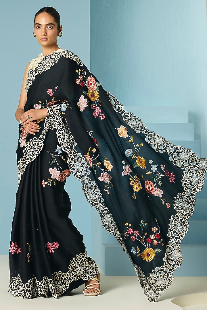 Black Silk Organza Floral Foliage Threadwork Wedding Saree by Chandrima at Pernia's Pop Up Shop