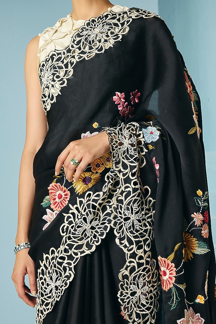 Black Silk Organza Floral Foliage Threadwork Wedding Saree by Chandrima at Pernia's Pop Up Shop