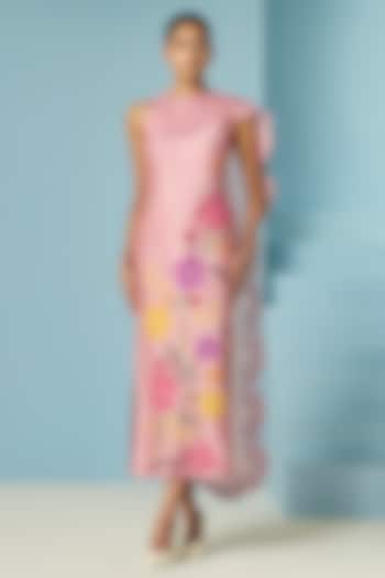 Blush Pink Chanderi Floral Applique & Beadwork Cocktail Dress by Chandrima at Pernia's Pop Up Shop