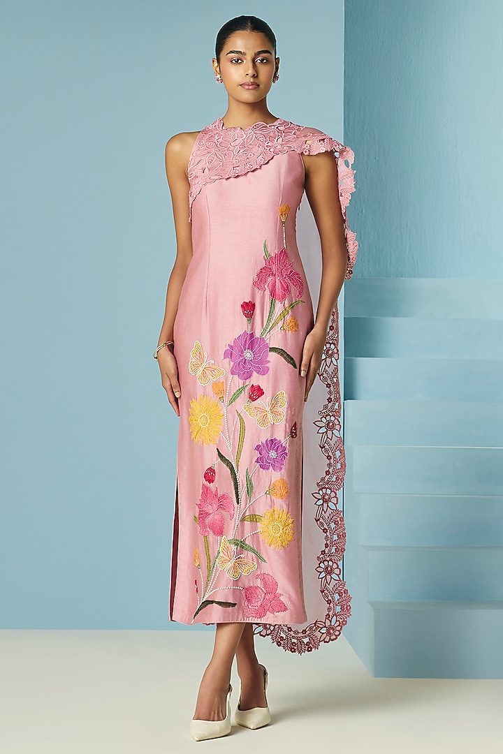 Blush Pink Chanderi Floral Applique & Beadwork Cocktail Dress by Chandrima at Pernia's Pop Up Shop
