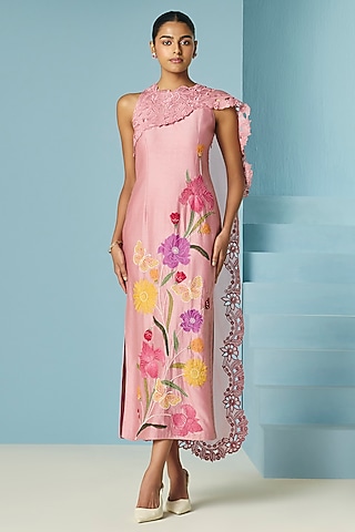 Blush Pink Chanderi Floral Applique & Beadwork Dress by Chandrima